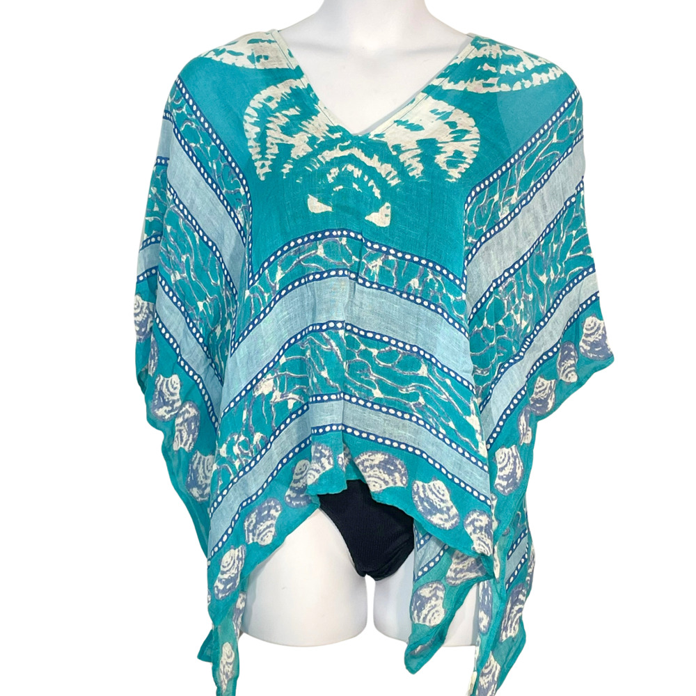 Mud Pie One Size Swim Cover Poncho Ruana Linen Blend Aqua Blue Shell Print Beach